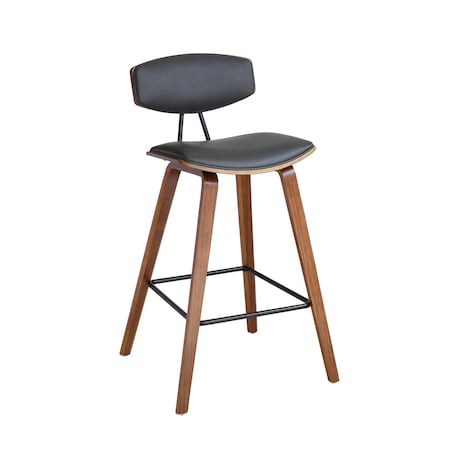 Armen Living Fox 25.5" Counter Height Gray Faux Leather and Walnut Wood Mid-Century Modern Bar Stool LCFOBAWAGR26